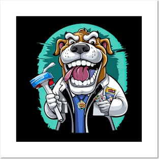 an English Bulldog wearing a dentist's coat and holding a giant toothbrush Posters and Art